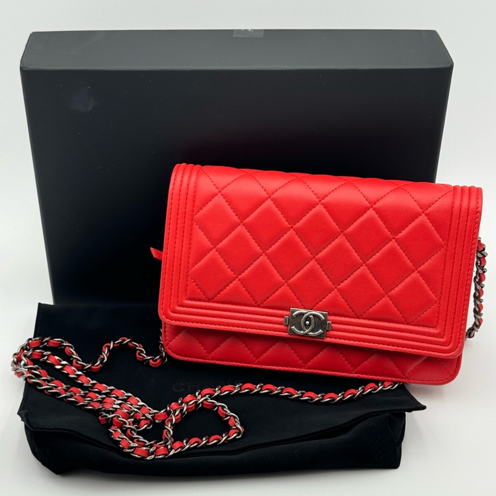 Chanel Quilted Lambskin Boy Red Wallet On Chain
